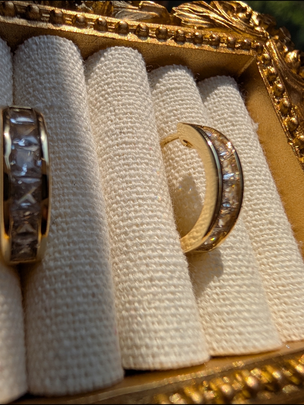 Gold Hoop Earrings - Gold Tone Huggie Hoop Earrings with Inlaid Cubic Zirconia - Picture 3 of 16